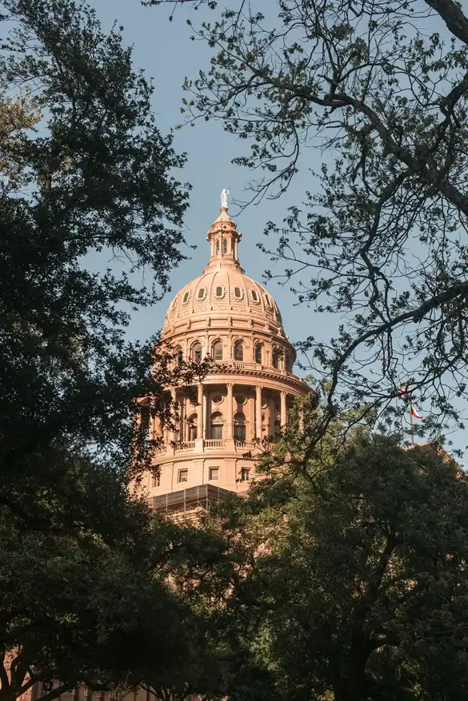 Capitol Building in Austin, Texas with surrounding trees and clear sky. Austin Capitol Building with lush trees and blue sky in the background photography by Kayle Kaupanger for CitizenM Hotels location openings